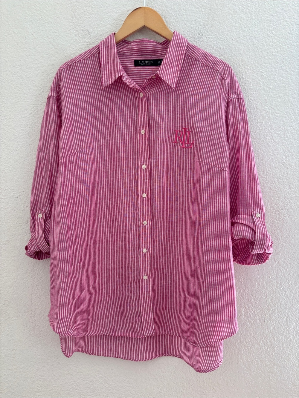 Lauren Ralph Lauren Black Label Linen Striped Button Tie Shirt Roll Tab Sleeves - Picture 6 of 13